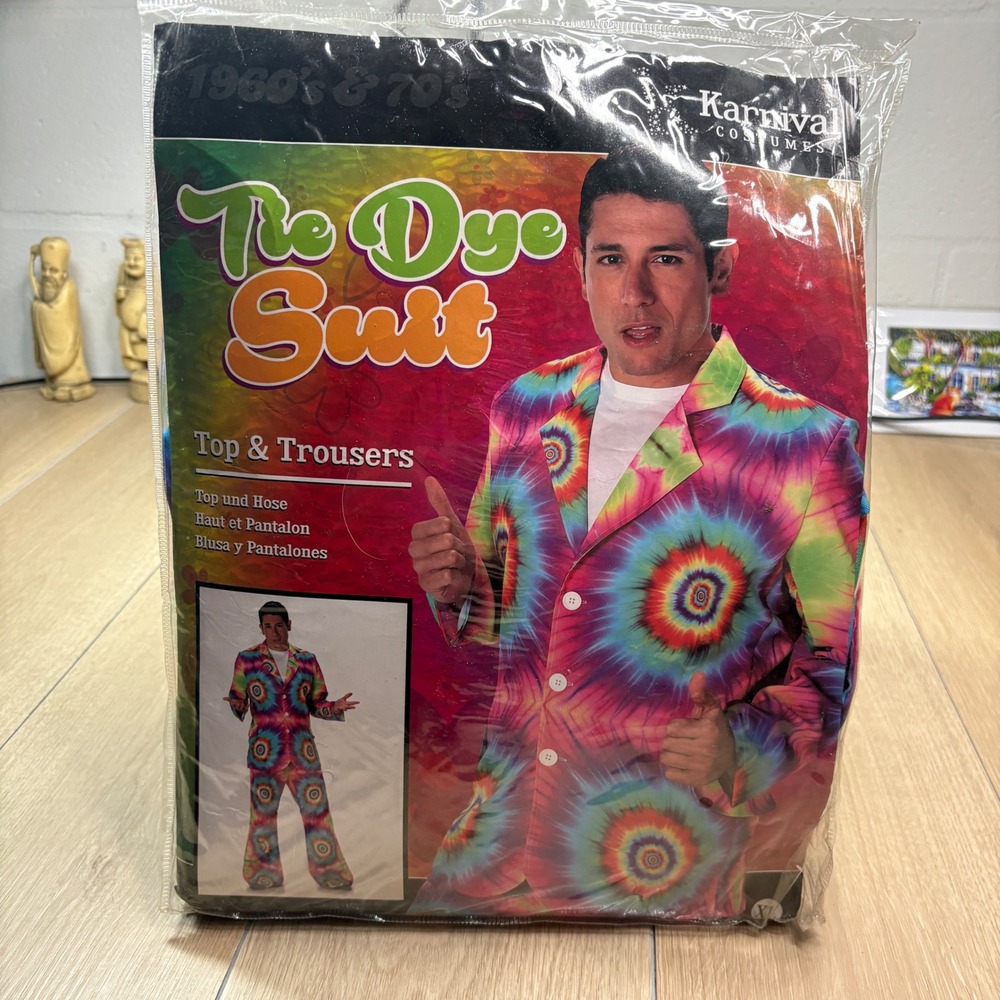 Karnival Costumes Mens Tie Dye Suit 1960s 70s Retro Halloween XL Top & Trousers